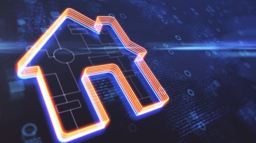 Abstract glowing house icon on blurry background with circles. Smart home and remote control concept. 3D Rendering.