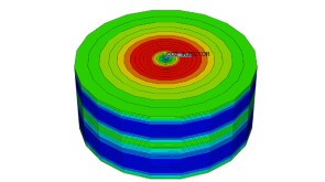 MS Conceptual reactive rock reservoir model populated with the heterogeneous permeability values (10 – 100 mD), cylindrical view.