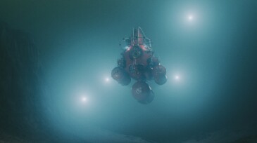 Concept image of deep underwater ocean exploration with submarine