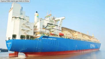 The Etyfa Prometheas LNG carrier was converted into a floating storage and regasification unit for use at Cyprus's first LNG import terminal at Vasilikos, which is currently on hold. Source: CHI Shanghai