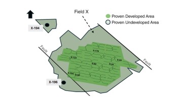 Fig. 1—Map of Field X areas showing the location of the two western appraisal wells, X-194 and X-196.