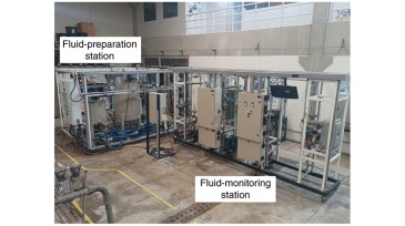 Front view of experimental flow loop for drilling-fluid production and monitoring.