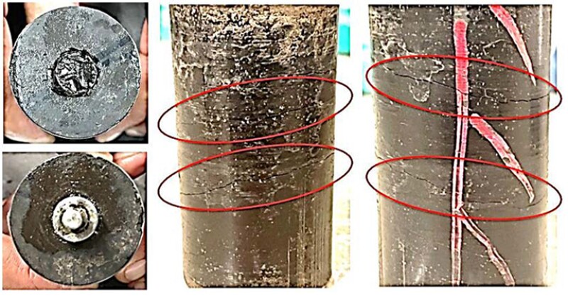 sample after testing showed clear signs of damage, with horizontal cracks and delaminations indicated by the red ellipses.