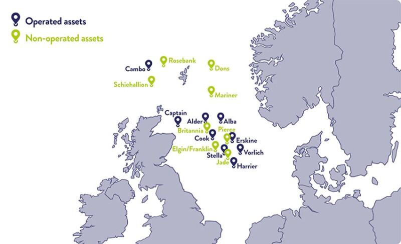 Ithaca currently holds 28 producing fields in the UK Continental Shelf. Source: Ithaca Energy.