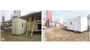 Fig. 1—Device placement on the rig (a) close to the circulation tank and (b) near the blowout-prevention pipeline.