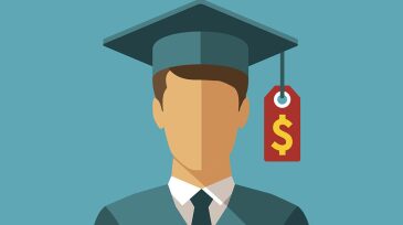 Graphic of student with price tag hanging from his mortarboard
