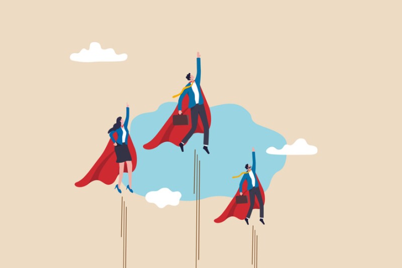 Professional people to help business success, teamwork or unity, super power to grow business fast, strength or team support concept, business people team members superhero flying high up in the sky.