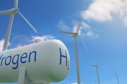 Hydrogen tank and windmills on blue sky background. Sustainable and ecological energy concept. 3d illustration.
