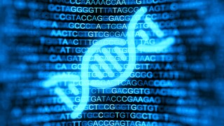 Digital screen with DNA strands and data background. Double helix structure. Nucleic acid sequence. Genetic research. 3d illustration.