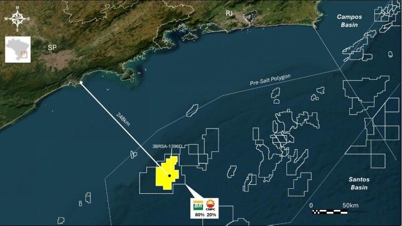 Well 3-BRSA-1396D-SPS is located 248 km from the city of Santos-SP, at a water depth of 1952 m. Source Petrobras