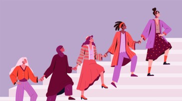 Women entrepreneurs, leadership and sisterhood. Black and Arab female women empowerment, strong business. Multiethnic group of girls climb stairs. Feminism concept, vector illustration