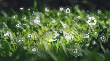 Illustration for environmental concept, business or green investment. crystal globe with icon on green background use for advertisement or web banner or whatever Leave a space to enter text.