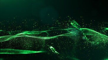 Abstract green color digital particles wave with dust and light background