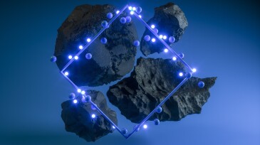 Abstract Frame with 3D Geometric Shapes, Illuminated Spheres, Rock Background