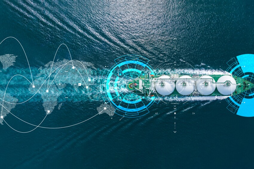 AI technology LNG Tanker ship (Liquified Natural Gas). Tehcnology Global Logistics international delivery concept, World map logistic and supply chain network distribution Natural Gas to customs ocean.