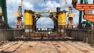 The hull of the Vito floating production unit at Sembcorp’s Tuas Boulevard Yard in Singapore.
