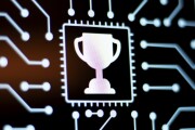 Technology Background and Circuit Board With Trophy Award icon. Close-Up Computer Screen Concept.