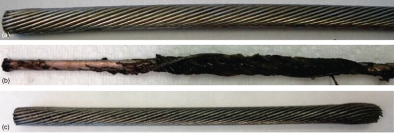 (a) Untreated wireline; (b) 7.5% HCl after 96 hours at 194°F; (c) HCl replacement after 96 hours at 194°F.