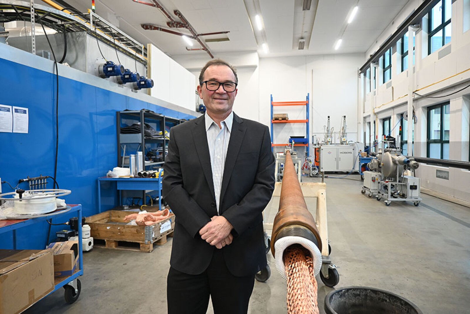 Svein Strømberg, Reelwell’s newly appointed CEO, stands alongside the company’s wired and powered drillpipe.