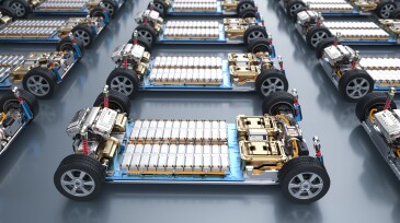Group of electric cars with pack of battery cells module on platform
