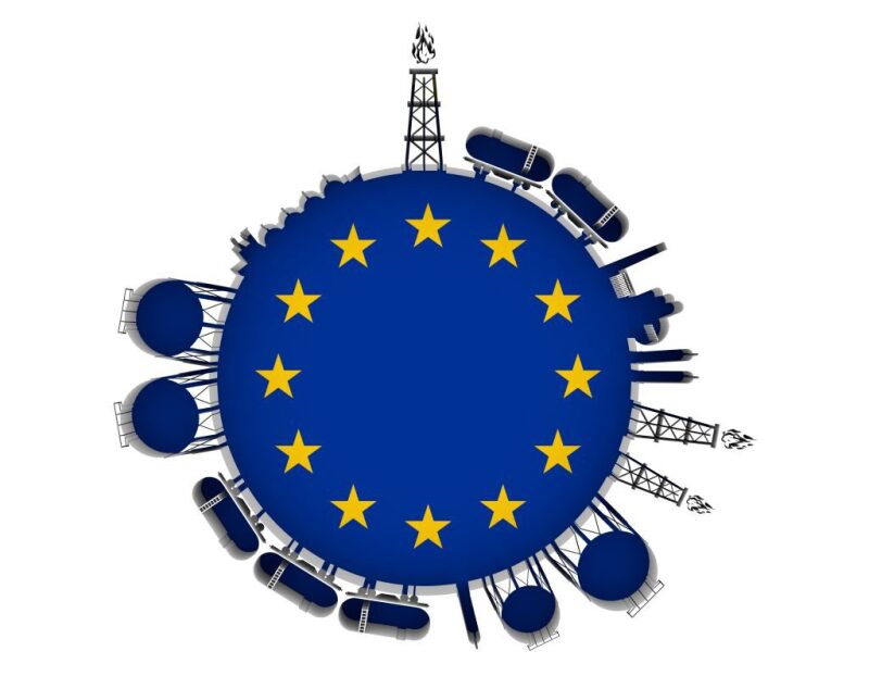 Graphic with different industry technologies around the outside of circle; interior of circle based on EU flag