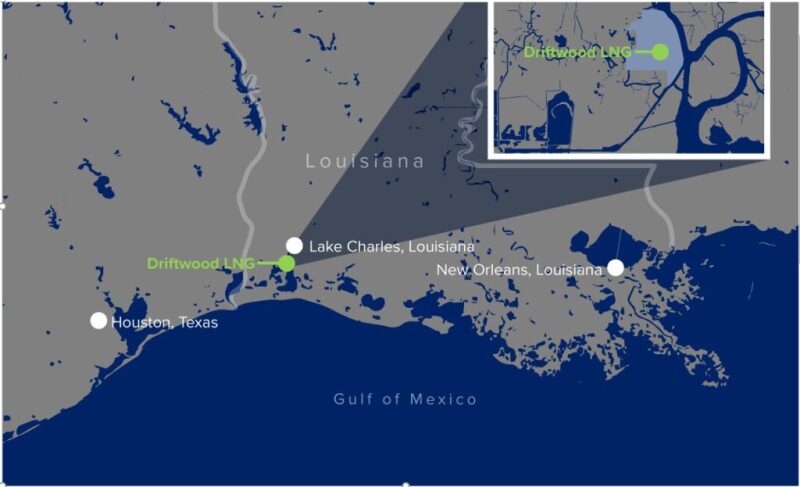 Map of Gulf Coast showing location of Driftwood LNG