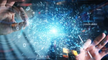 Businessman on dark background creating new futuristic energy power source 3D rendering.