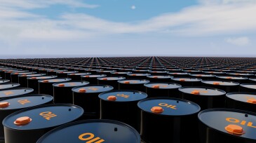 Million barrels of crude oil drums, fossil fuel and gasoline in container under clear sky. 3D Rendering