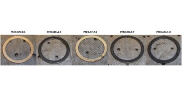 Fig. 1—Specimens after creep tests, including the two single-filament FBURs and the three best-performing architectures.