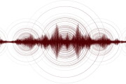 Panorama Red Mini Earthquake Wave with Circle Vibration on White paper background,audio wave diagram concept,design for education and science,Vector Illustration.
