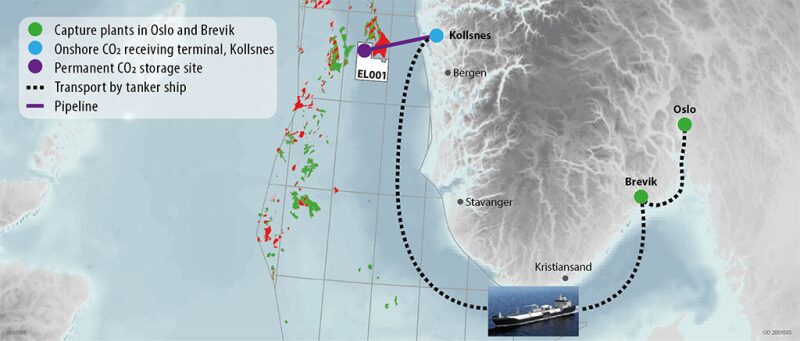Map showing where CO2 would be captured, transported, and stored