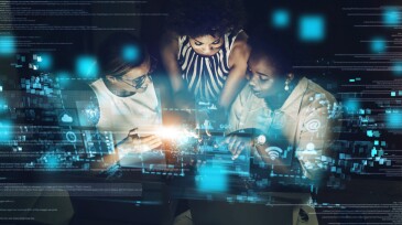 Woman, cyber security and IoT with technology for team, meeting or programming working at night with digital overlay. Group of female employee developers code, app or big data in futuristic network