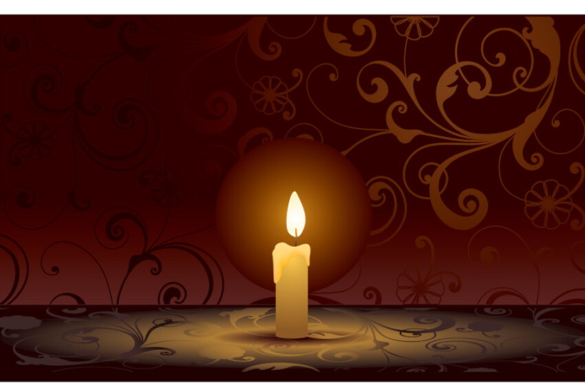 Single candle on background with scrolls