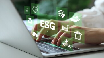 ESG environmental social governance investment business concept. Woman working on laptop computers with ESG icons surround. Concept of Investment strategy for Business and environmental sustainability