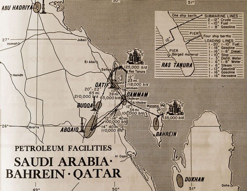 A depiction of existing petroleum facilities in Saudi Arabia, Bahrain, and Qatar from the January 1949 issue of JPT.