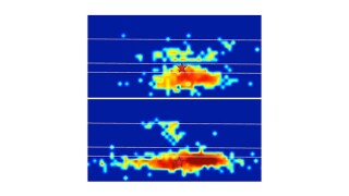 Fig. 1—Example of microseismic response on UB (top) and UW (bottom). Gun-barrel depth views are shown as contoured moment densities relative to treatment wells (star) and main stratigraphic tops.