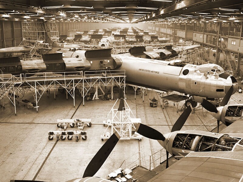 Workers stayed employed post-WWII working the assembly lines of the B-36 Peacemaker, a long-range bomber critical to the US Strategic Air Command, as seen in this photo from 1951.