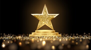 Golden three step podium with star glowing. Gold stage with glitter and light smoke on dark background. Hollywood fame in film and cinema or championship in sport vector illustration