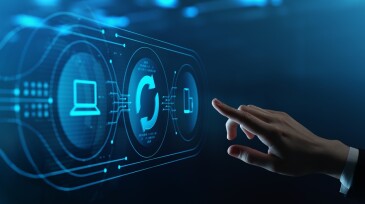 Software Update. Human Hand Touching Futuristic Virtual Screen with update Icon
