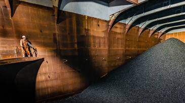 A giant pile of polymetallic nodules in the Hidden Gem’s hold collected during the integrated pilot collection system test in the CCZ.