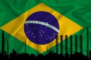 Brazil flag, background with space for your logo - industrial 3D illustration.Silhouette of a chemical plant, oil refining, gas, energy icons. heavy industry.