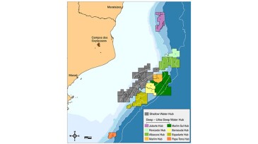 Fig. 1—Location map of the Campos Basin’s main shallow water hubs (gray) and deep/ultra deep-water hubs (colors).