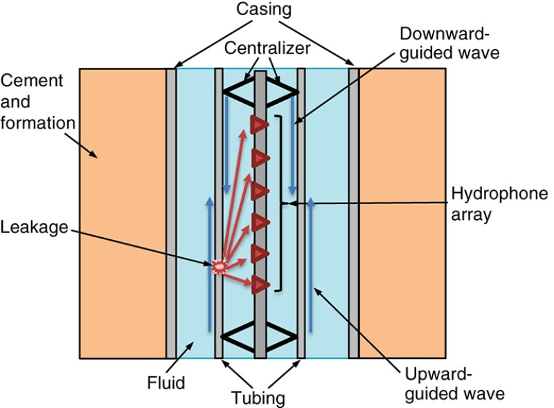 Diagram of a hydrophone array tool in a cased hole with tubing