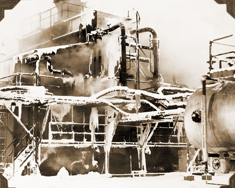 An Imperial Oil refinery in Ogden, Alberta, soldiers through the Canadian winter.