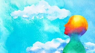 human head in blue sky abstract art mind mental health spiritual healing  free freedom feeling watercolor painting illustration design drawing