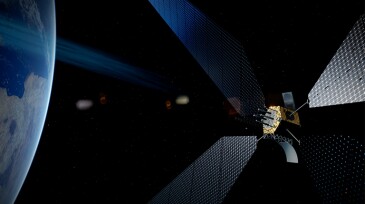 Concept image of a future, in-orbit demonstrator of a space-based solar-power-beaming satellite.