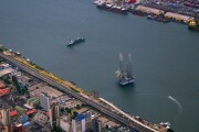 Lagos Island waterfront, Port of Lagos (container terminal) and oil platform on Lagos Lagoon, Nigeria