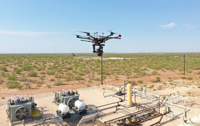 A drone checking operations at a production site