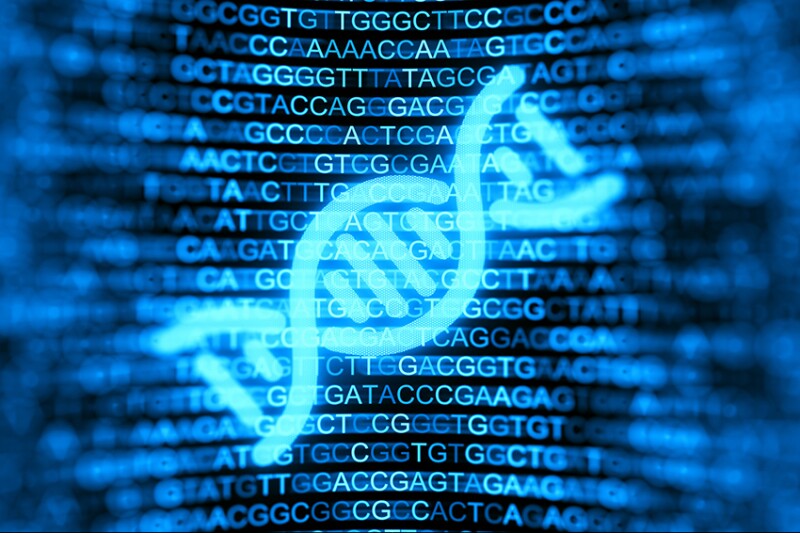 Digital screen with DNA strands and data background. Double helix structure. Nucleic acid sequence. Genetic research. 3d illustration.