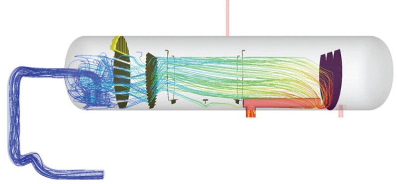 Fig. 8—Vessel residence time fluid pathlines for the upgraded internals case. Courtesy of NOV.